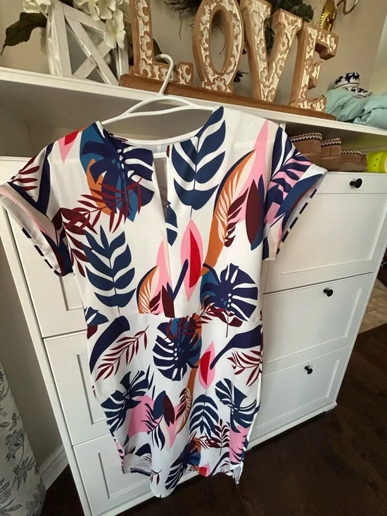 Tropical Leaf Print Tie-Waist Midi Dress - White Multi - Picture 2 of 4